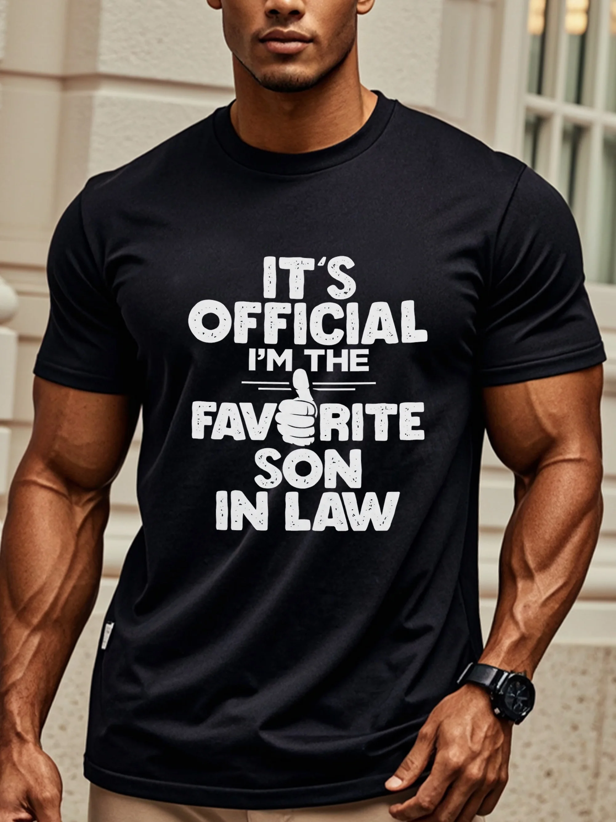

IT'S OFFICIAL I'M THE FAVORITE SON-IN-LAW Men's Casual T Shirts, Black Graphic Tee Moisture-Wicking Running And Weekend