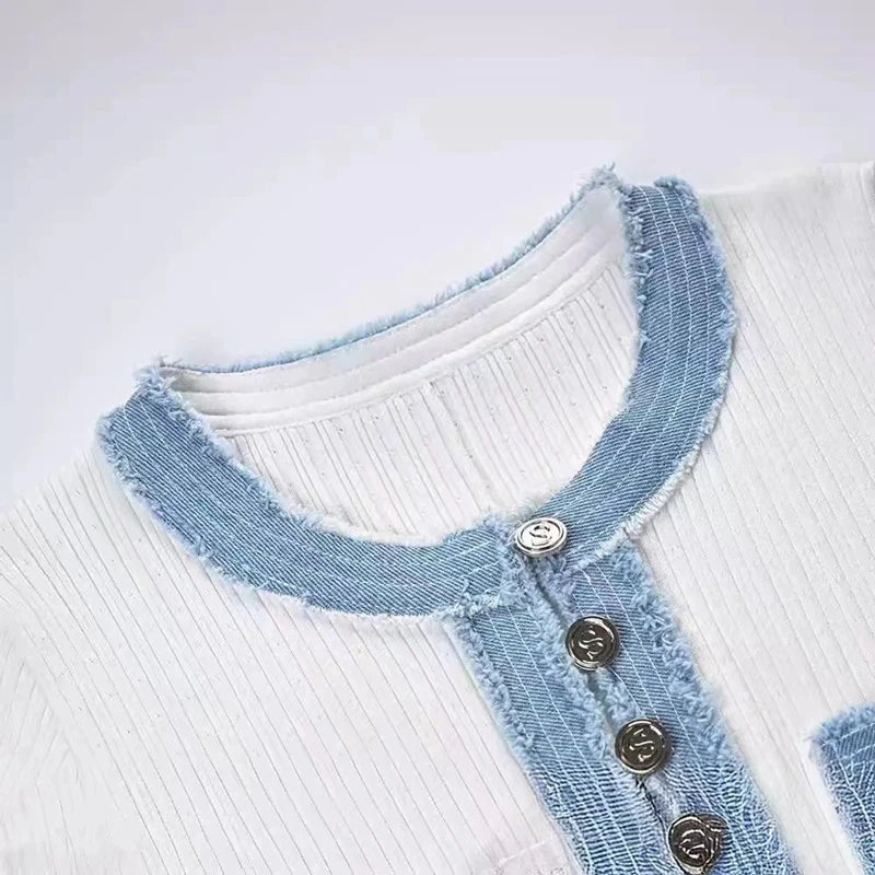 STYLISH LADY Denim Patchwork Knitted Dress 2025 Autumn Women Short Sleeve O Neck Button Bodycon Elegant OL Party Maxi Dresses