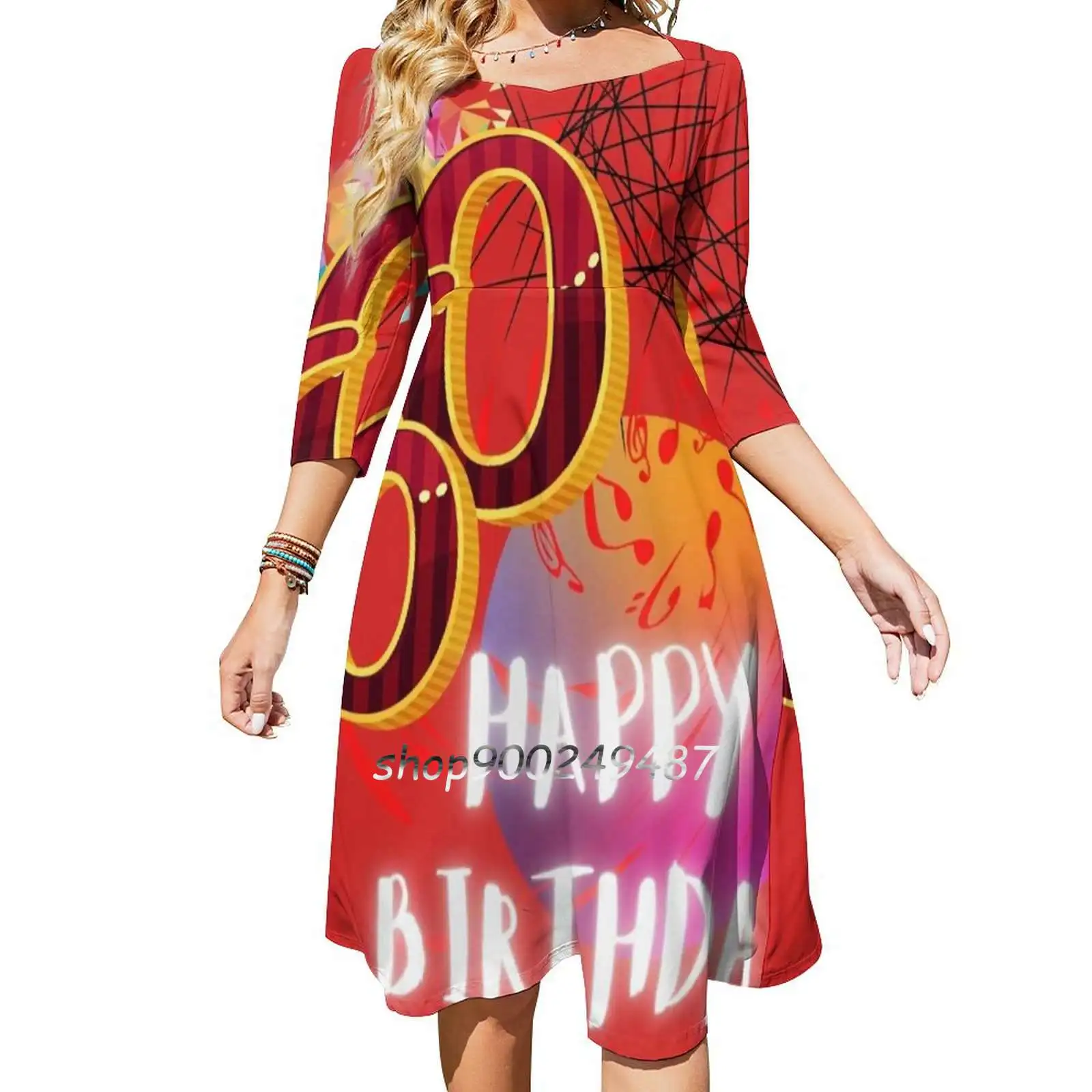 Happy Birthday , 60Th Birthday , Abstract Artwork , Square Neck Dress New Plus Size Elegant Women Waist Tight Dress 60Th