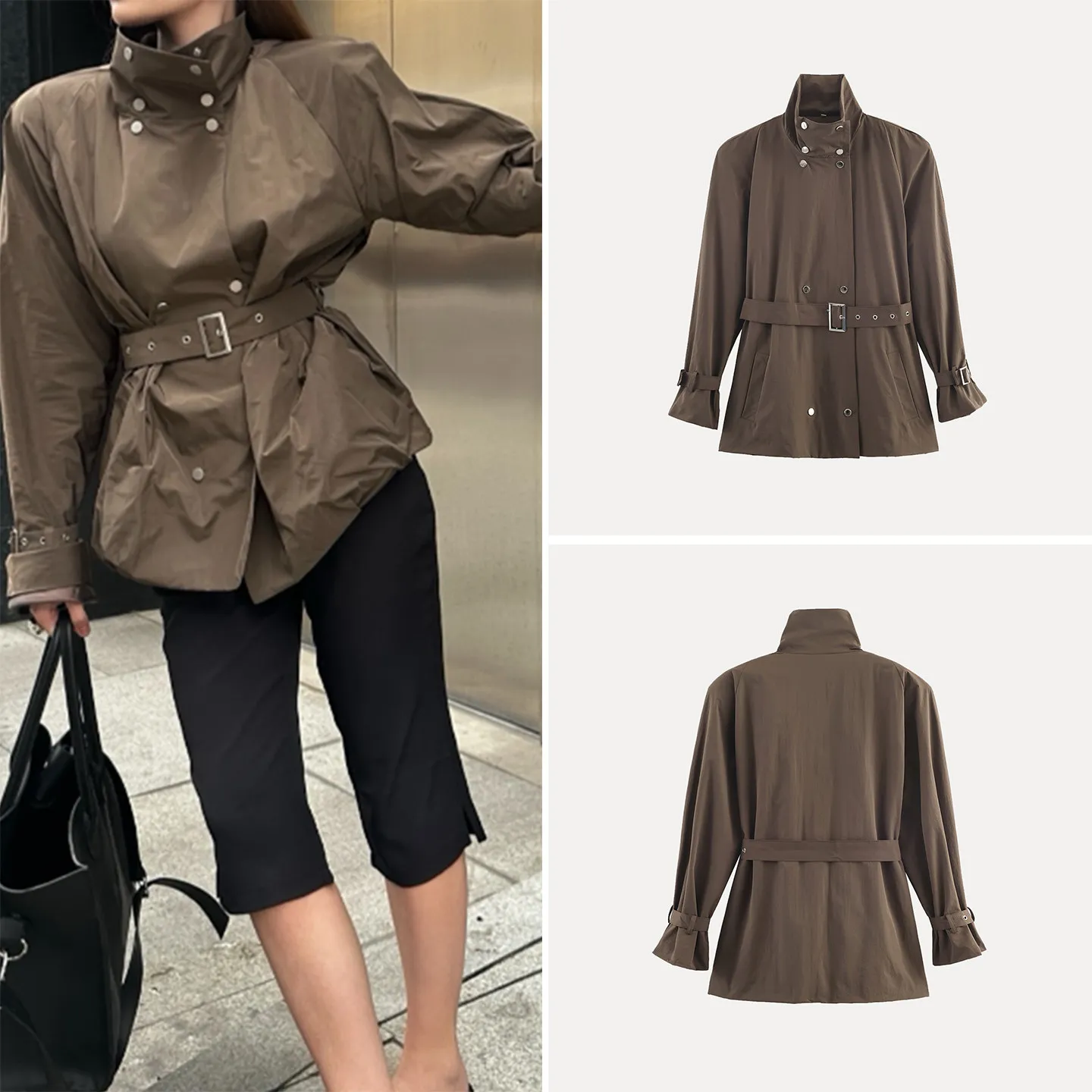 

Ele Simple Long Sve Stand Collar Belted Windbreaker Outerwear for Women Commute Sle Stand Fit Other Material 00%