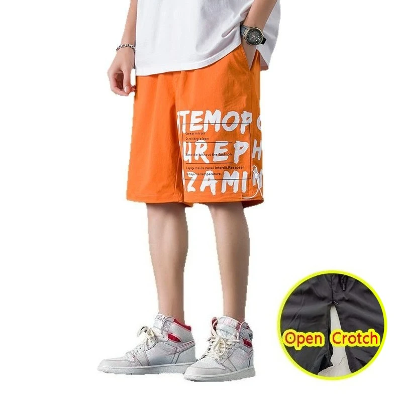 

Men Open Crotch Pants Hidden Zippers Cropped Cargo with Letter Printing Summer Exercise Shorts Gym Fitness Crotchless Clubwear