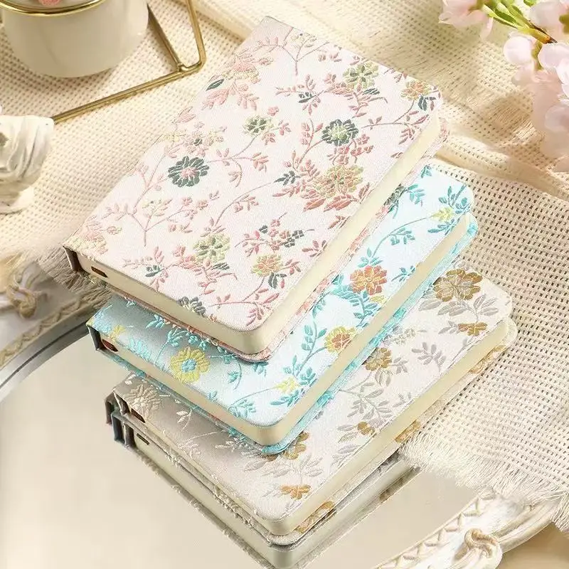 A6 Chinese Floral Brocade Notebook 256 Pages Vintage Embroidery Fabric Hardcover Journal Pocket Size Travel Diary Gift Notepad view 2
