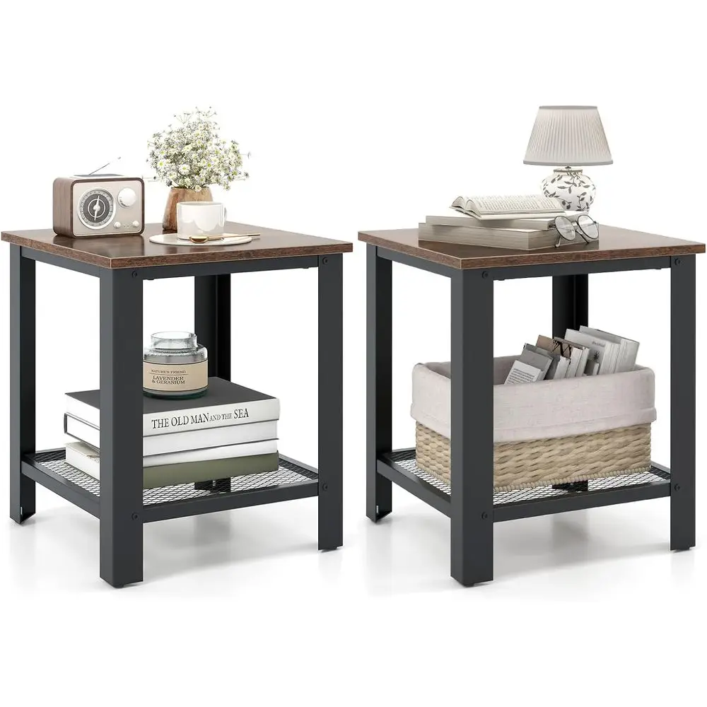 

2-Tier 16 Inch Side Table Set with Mesh Storage Shelf, Heavy-Duty Metal Frame, Ideal for Small Living Spaces, Rustic Brown