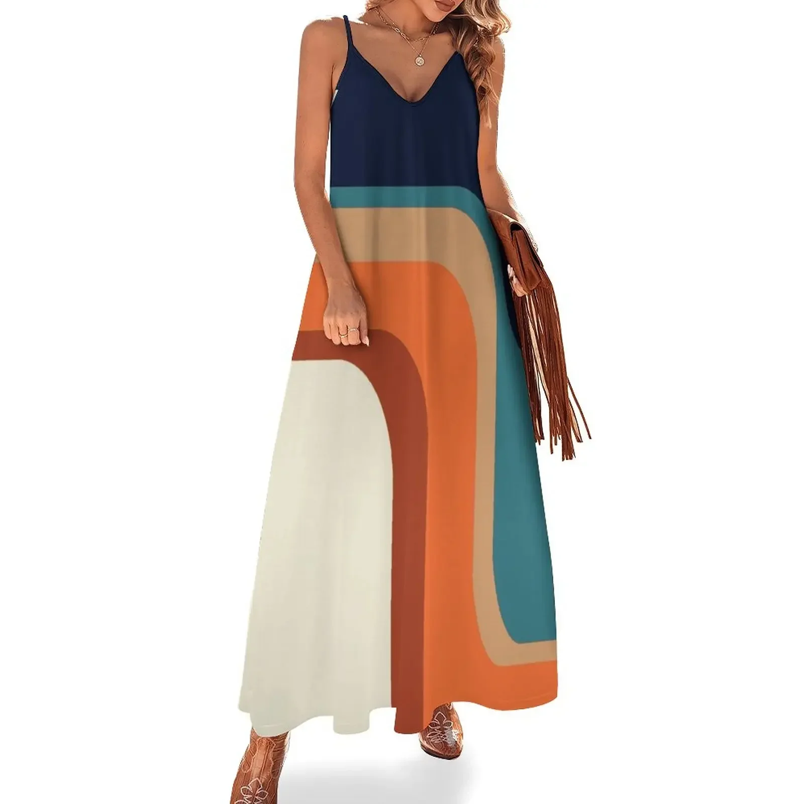 

Mid-Century Modern Meets 1970s Orange and Blue Rainbow Sleeveless Dress beach dresses dresses ladies 2024 summer Dress