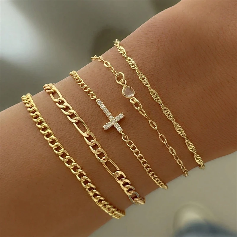 

Vintage Minimalist Cross Chain Bracelet 5 Piece Set Dainty Religious Stackable Bracelets for Women Layered Wrist Jewelry Gift Se