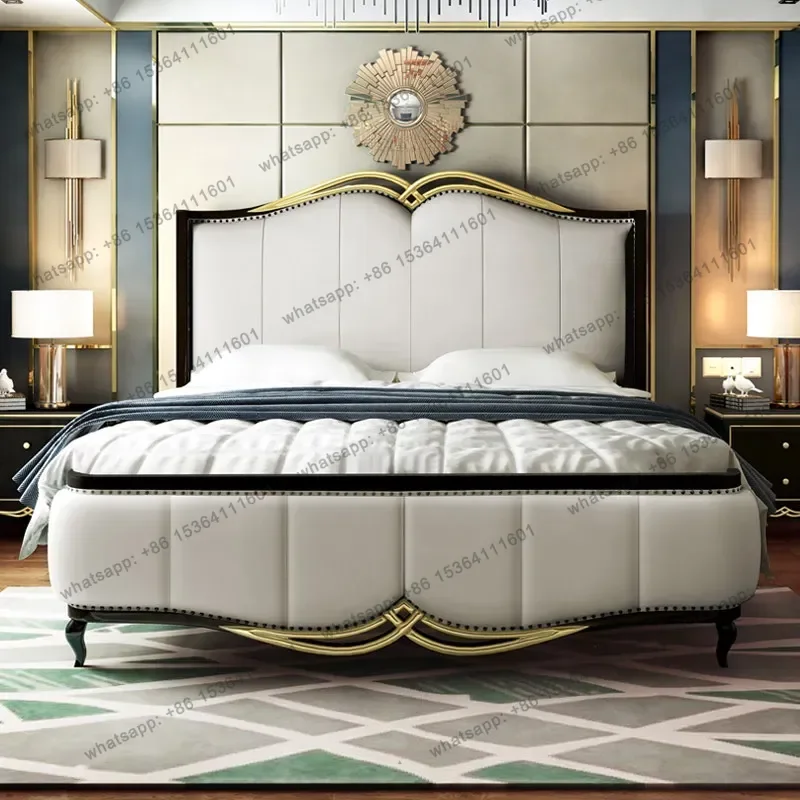 FG 180x200cm Bedroom Beds And Bed Frames Furniture Light Luxury European Style Solid Wood Leather Double Bed Full Size Beds Fram