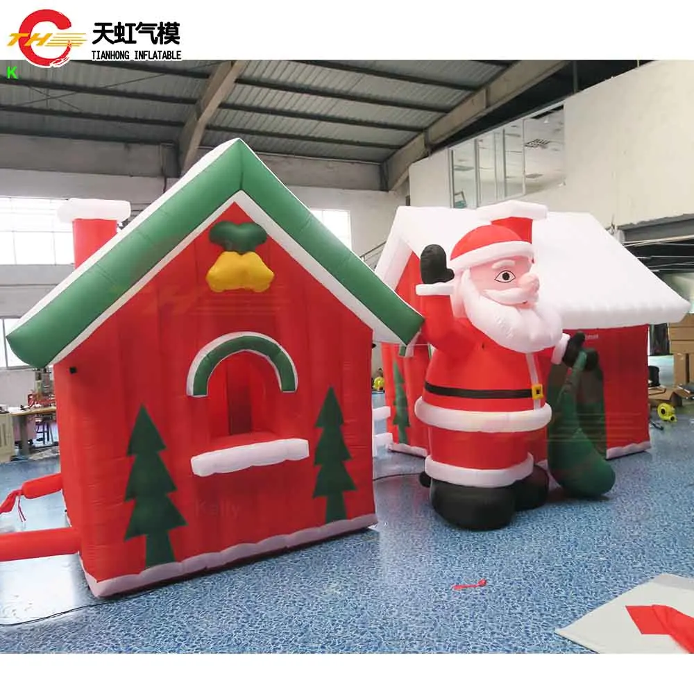 Snelle verzending 7x3m/8x4m opblaasbaar kersthuis met kerstman gigantisch opblaasbaar kersthuis met hek te koop