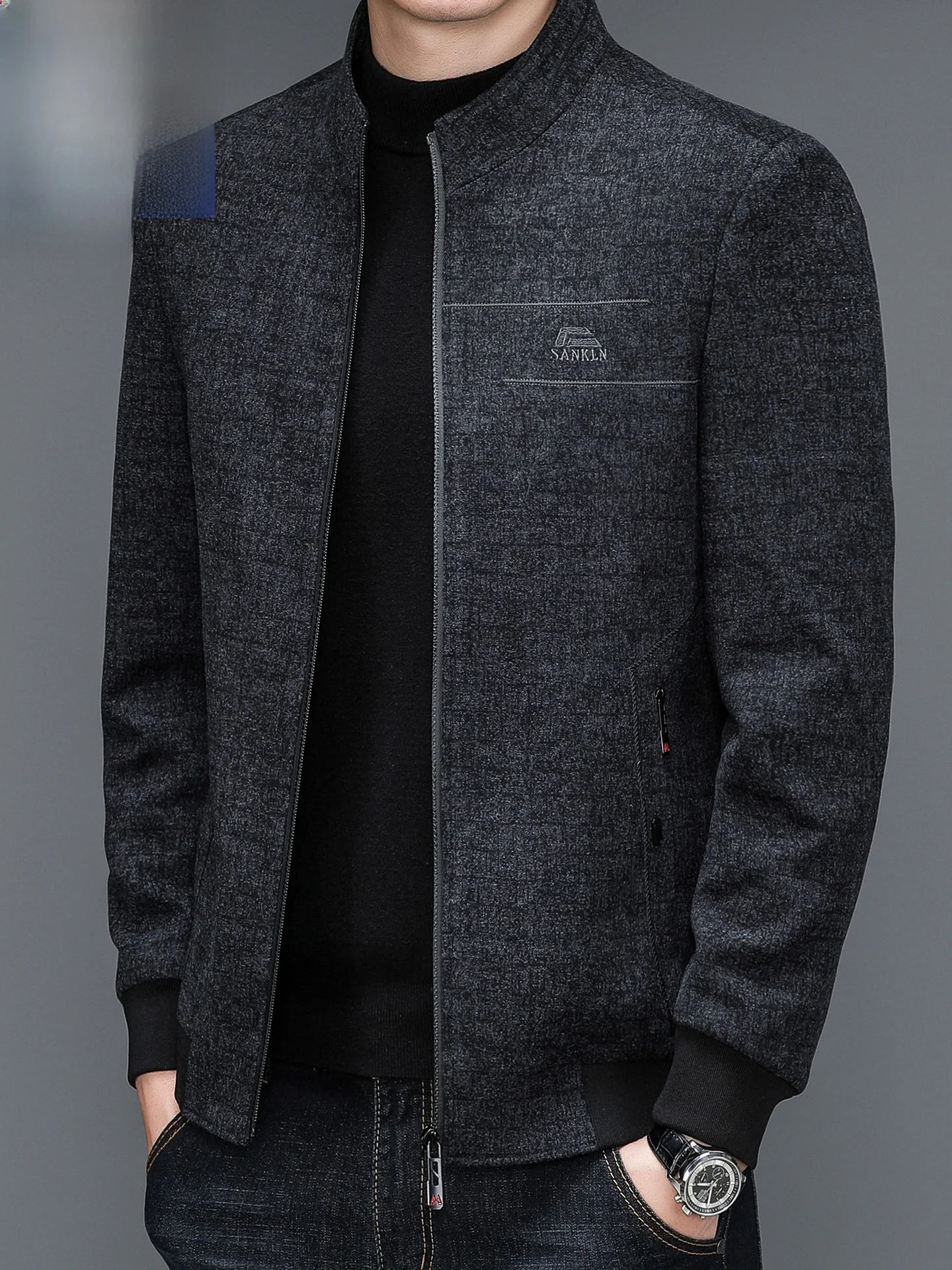 

Thiened Cotton Woolen Jaet for Men Casual Spring Autumn Loose Fit Mid-aged Stand Collar Zipper ket Faion Ci Sle