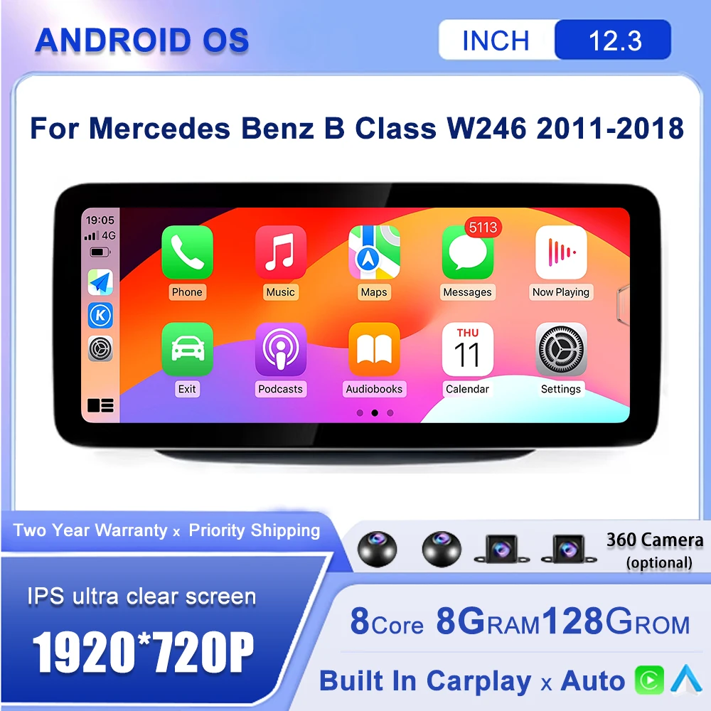 Lecteur de voiture CarPlay Android Auto, Navigation GPS, Stéréo RDS, Limitation d'origine, Mercedes Benz Classe B W246 12.3-2011, 2018 pouces