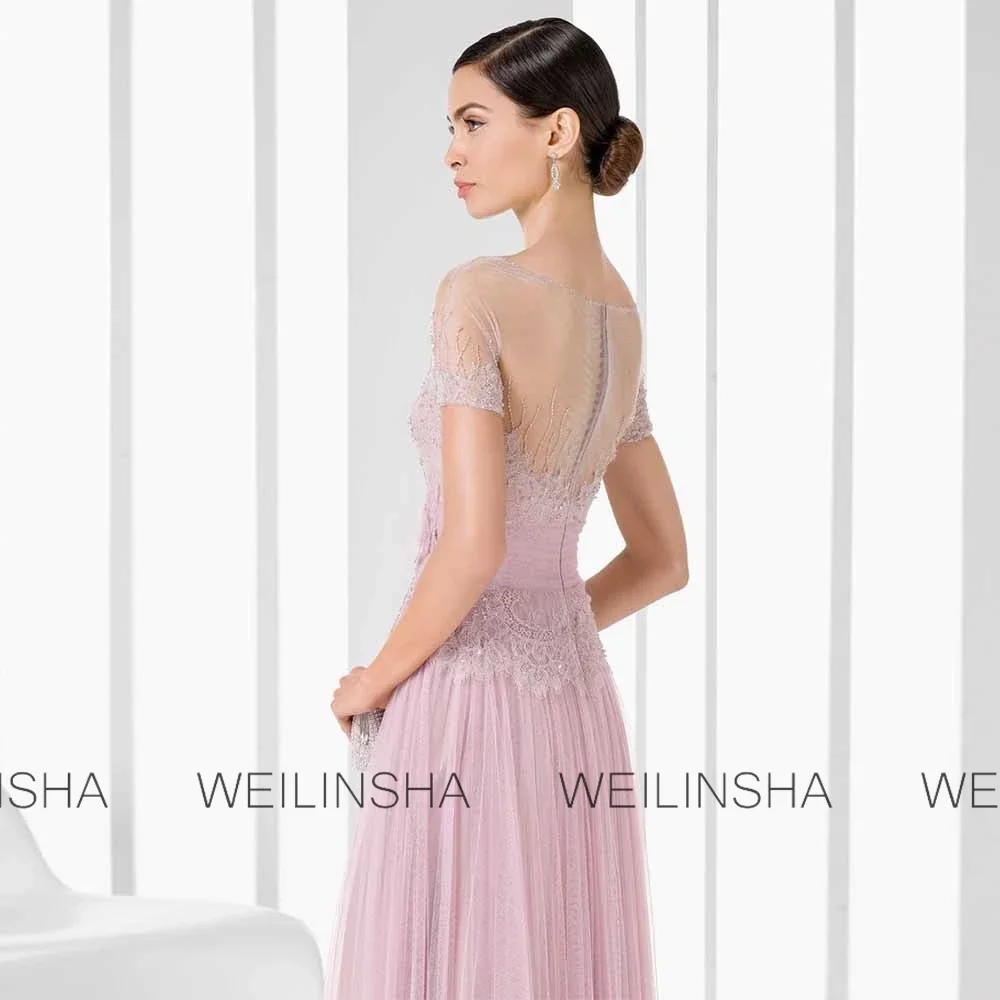 Customized Retro Mother of the Bride Dress Tulle Sheath/Column Wedding Party Dresses Pink O-Neck Lace Ruched Pleat Prom Dresse