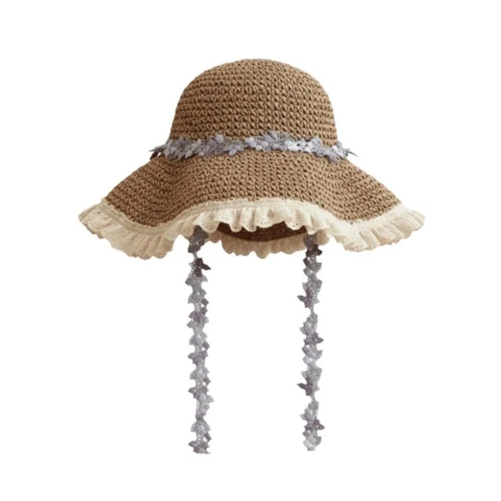 

Breathable Vacation Beach Cap Lightweight with Lace Big Brimmed Straw Hat Sombrero Sunshade Topi Woven Sun Cap