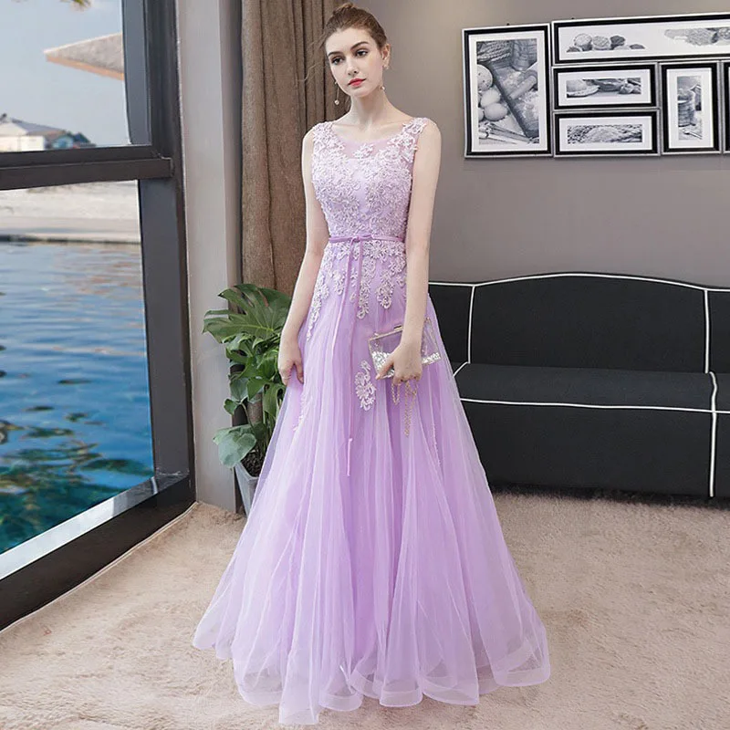 

Reject Return J140 Long Purple Lilac Prom Dress Tulle Mesh Net Evening Gowns Apliques Birthday Floor Length Wedding Guest Dress