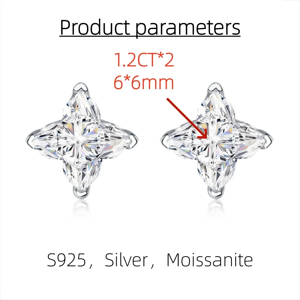 1.2CT Four-leaf Clover Moissanite Stud Earring Four-pointed Star Diamond Ear Stud Women's S925 Sterling Silver with Certificate