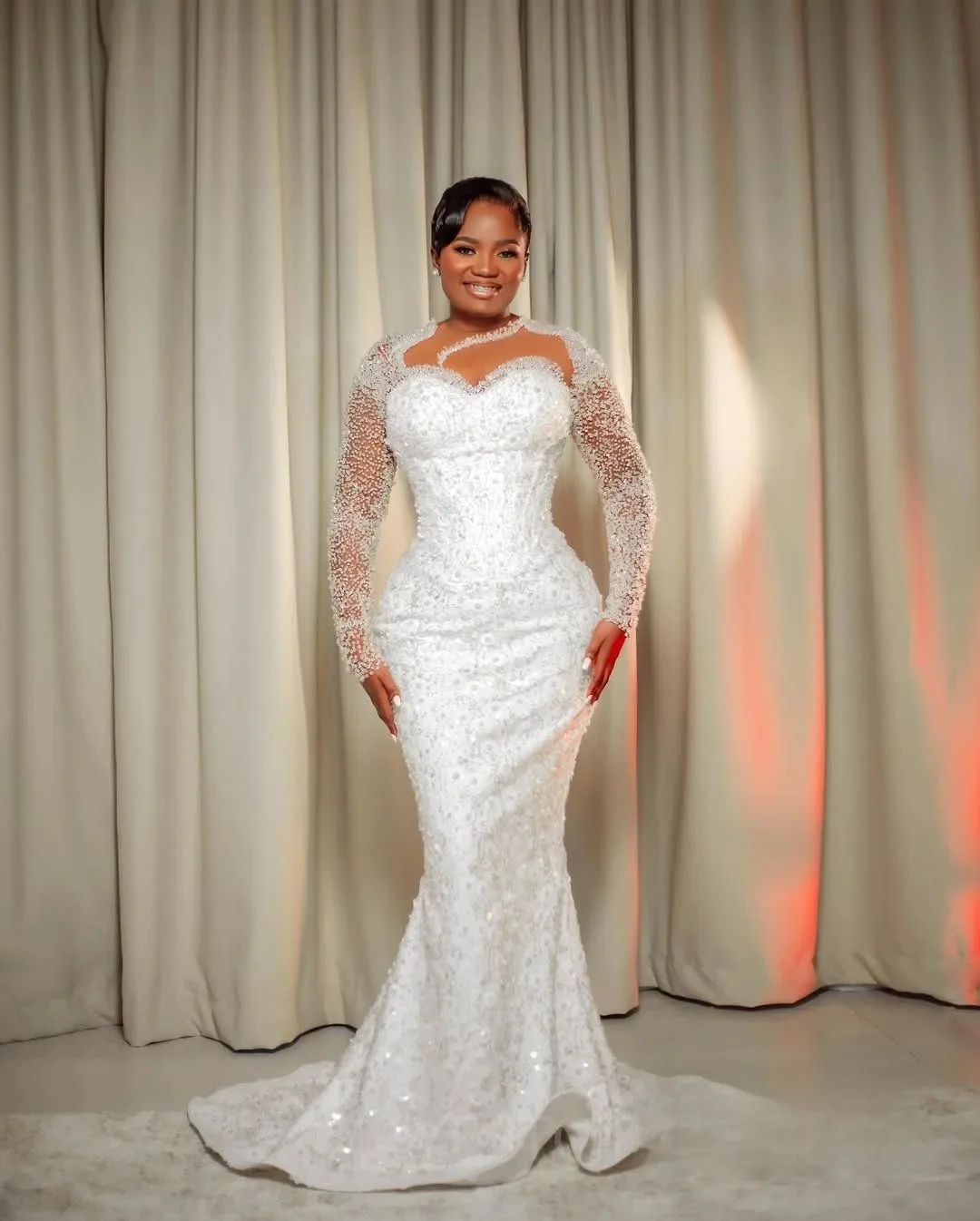 تخصيص فستان الزفاف الأفريقي زي العرائس للعروس حورية البحر الوهم شير طويلة الأكمام زين مطرز الدانتيل الراين #2