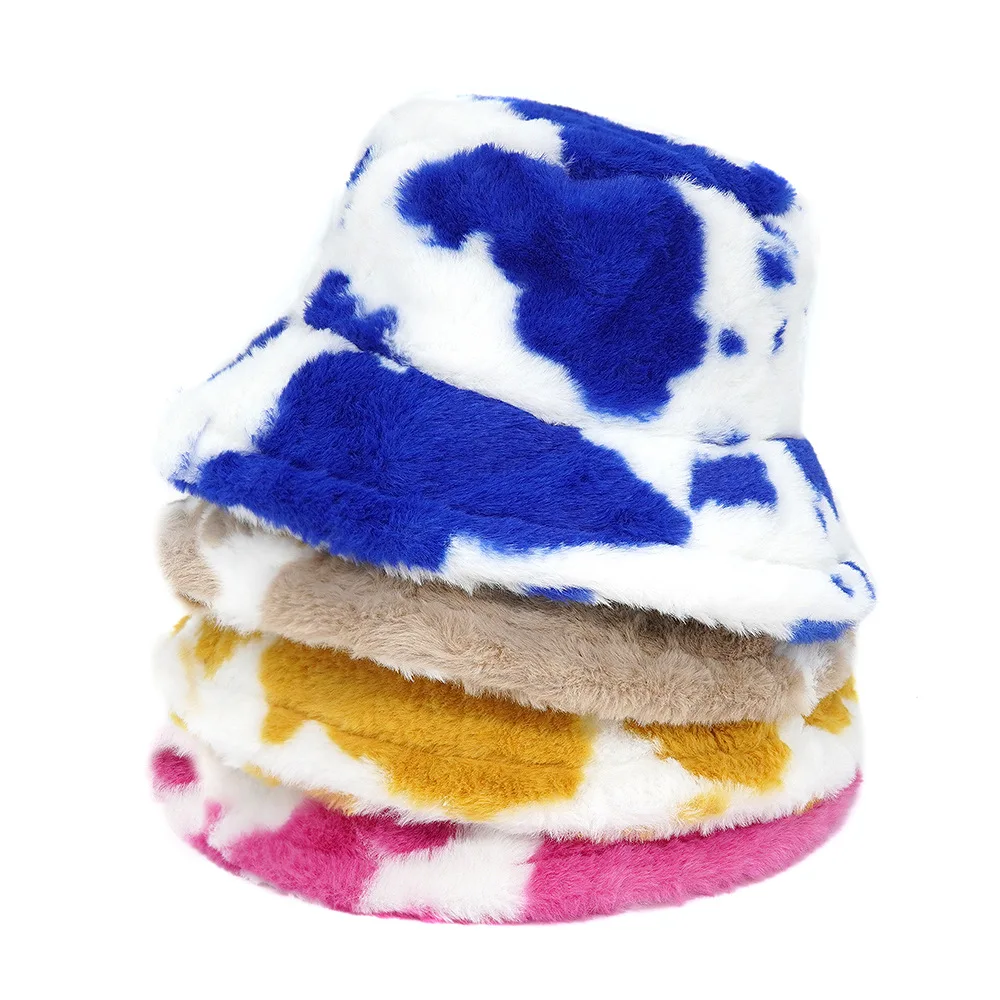 2024 Winter New Fluffy Hat Men’s Fashion Warm Bucket Hat Unisex Fisherman Hat Women’s Leisure Print Basin Cap