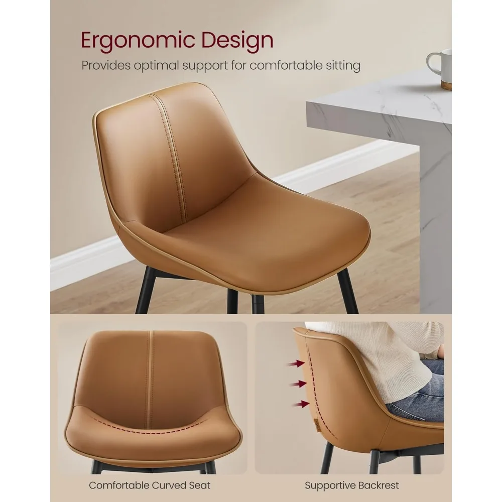 Conjunto de 2 bancos de bar, bancos de bar com altura de balcão e encosto, encosto ergonômico, couro sintético, pernas de metal