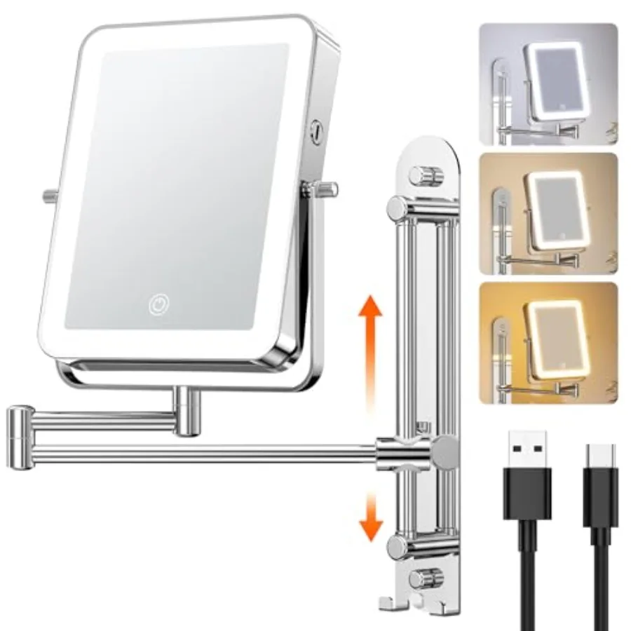 

Height Adjustable Wall Mounted Lighted Makeup Mirror with Hooks, 3000mAh Rechargeable with 1X/10X Magnification, 3 Light Colors