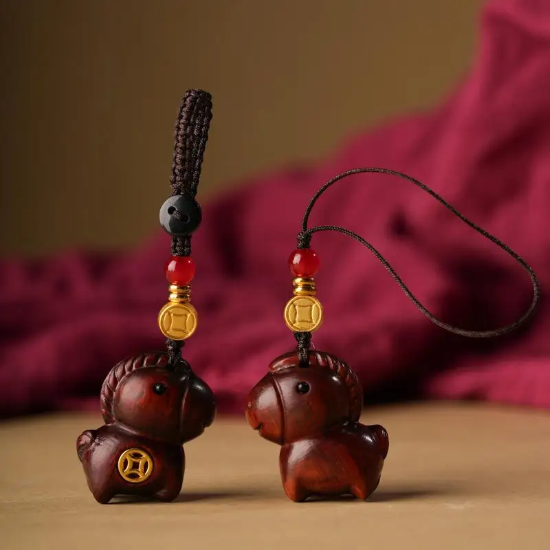 CPI-Creative Sandalwood Horse Pendant Keychain Year Of The Horse Mobile Phone Chain Backpack Hanging Decoration New Year Gifts