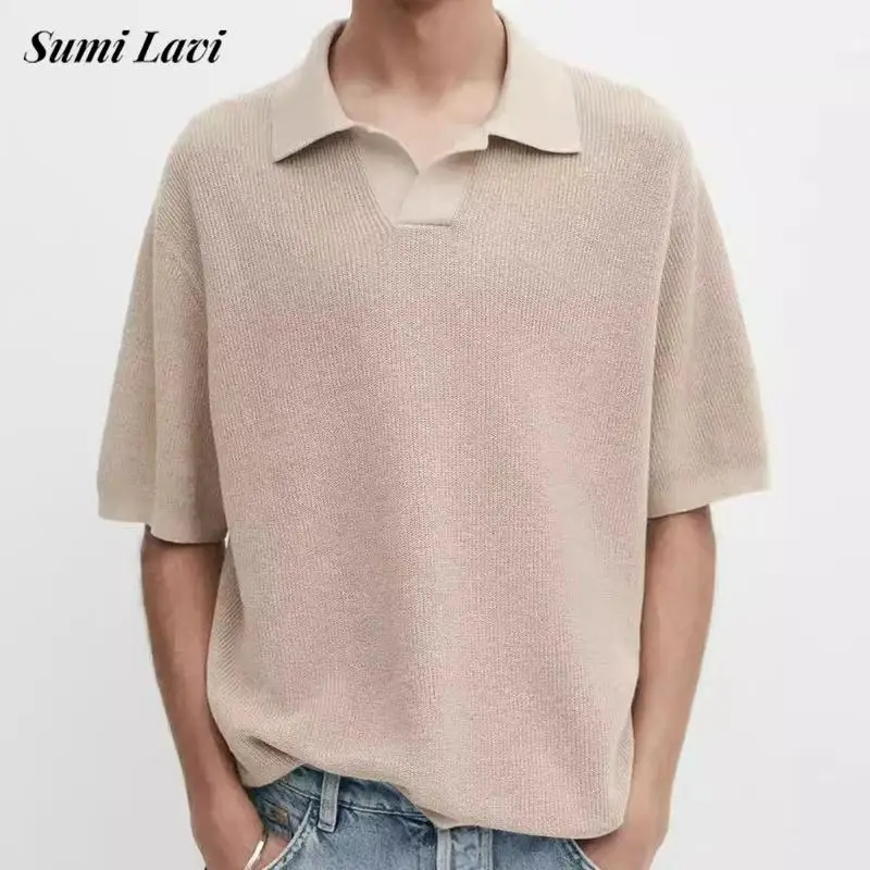 New Casual Mens Short Sleeve Knit Tops Leisure Breathable Ice Silk Knitted Polo Shirt For Men 2025 Summer Fashion Solid T Shirts