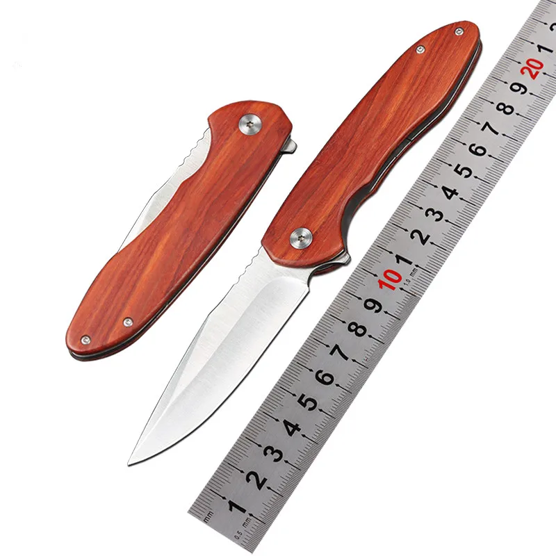 Free Wolf 8CR13MOV Blade EDC Pocket Folding Knife Wood Handle Flipper Outdoor Camping Survival Hunting Utility Kitchen Knife