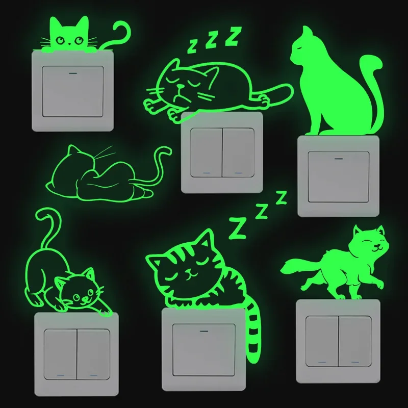 

Luminous Cartoon Switch Sticker Glow in The Dark Cat Sticker Kitten Fluorescent Fairy Sticker Kid Bedroom Decoration Home Decor