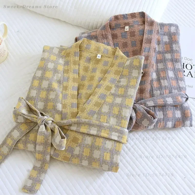 

Японский халат в клетку с карманами, домашняя одежда из хлопка, парный халат-кимоно, свободный повседневный халат для сна и отдыха