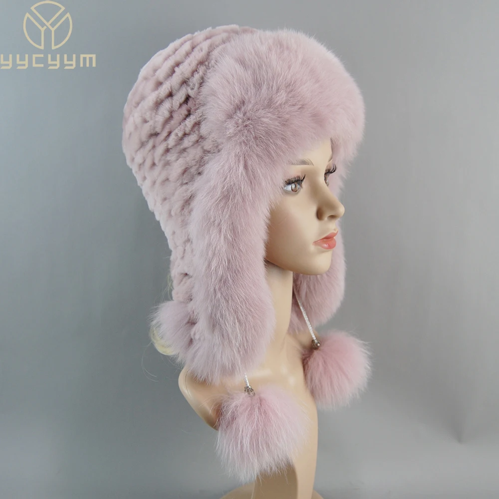 Winter Hat For Women Warm Natural Genuine Rex Rabbit Fur Knitted Hats With Earflaps Handsewn Fashionable Bomber Hat