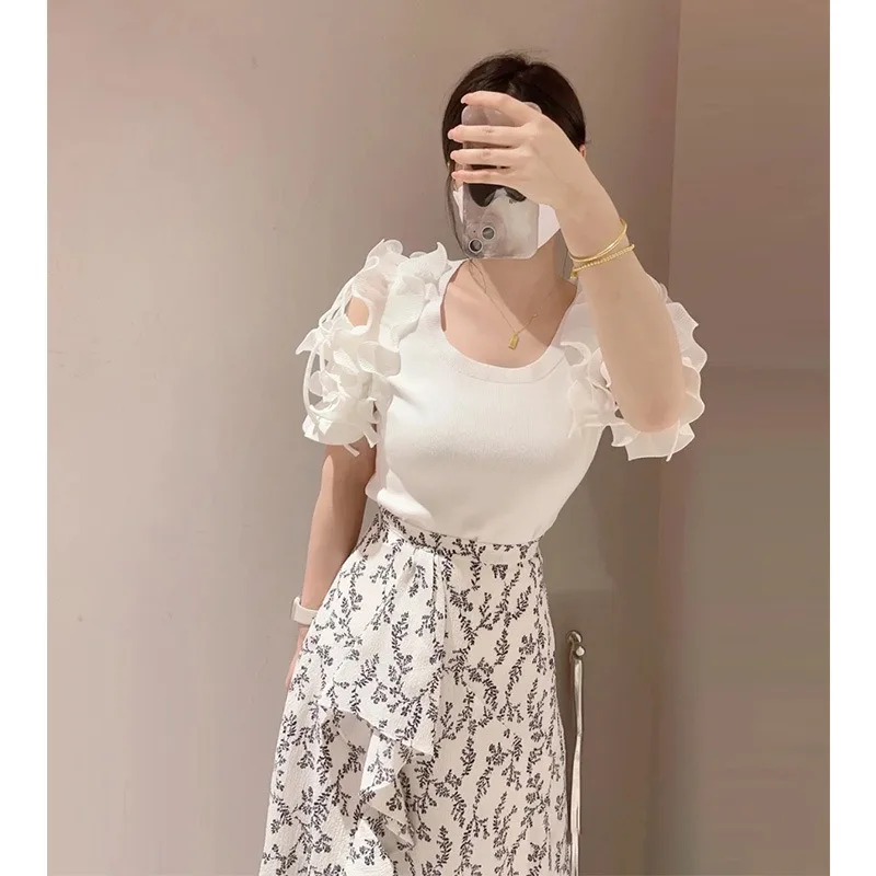 WAKUTA Japanese Strap Slim Fit Sweater Women Solid All-matched Short Jumper 2024 Summer Ruffled Splice Off Shoulder Pullover