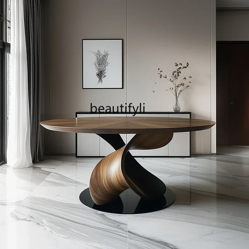 

NQ Designer all solid wood dining table high-end villa living room round table creative restaurant dining table