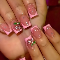 24Pcs Valentine's Day Pink French Cherry Press-On Nails Short Glossy Glitter Detachable Wearable Nails for Women&Girl DIY Nail