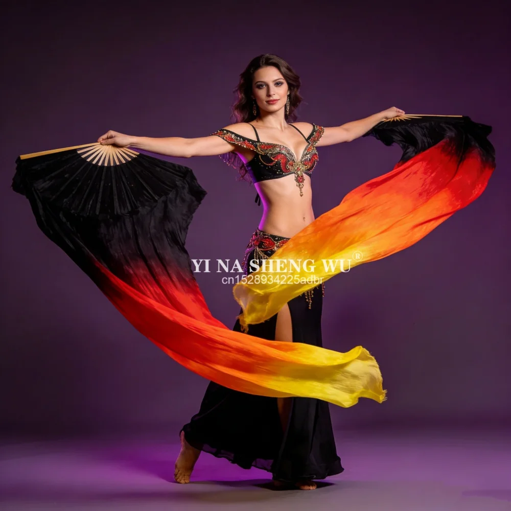1PC Professional Silk Veil 100% Dance Worship Fan Pairs Adults Stage Competition Props Bellydance Performance Costume 1.8M
