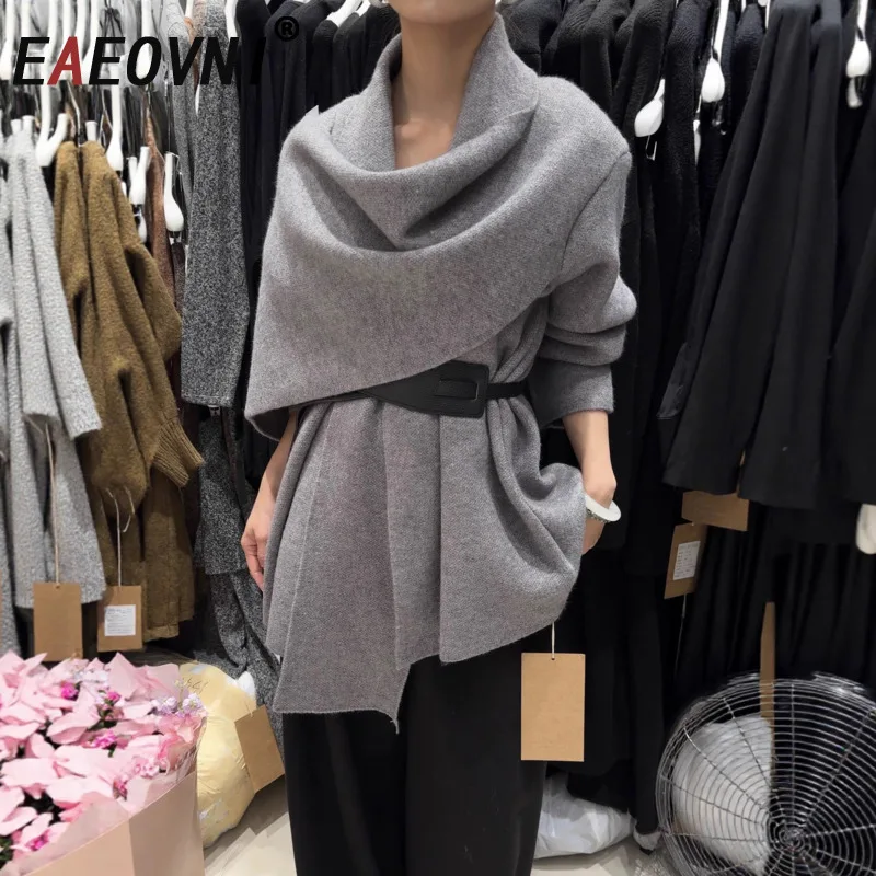 

EAEOVNI Fashion Knitted Cardigan Coat Women Scarf Collar Patchwork Asymmetrical Design Solid Color Loose Coat Winter New