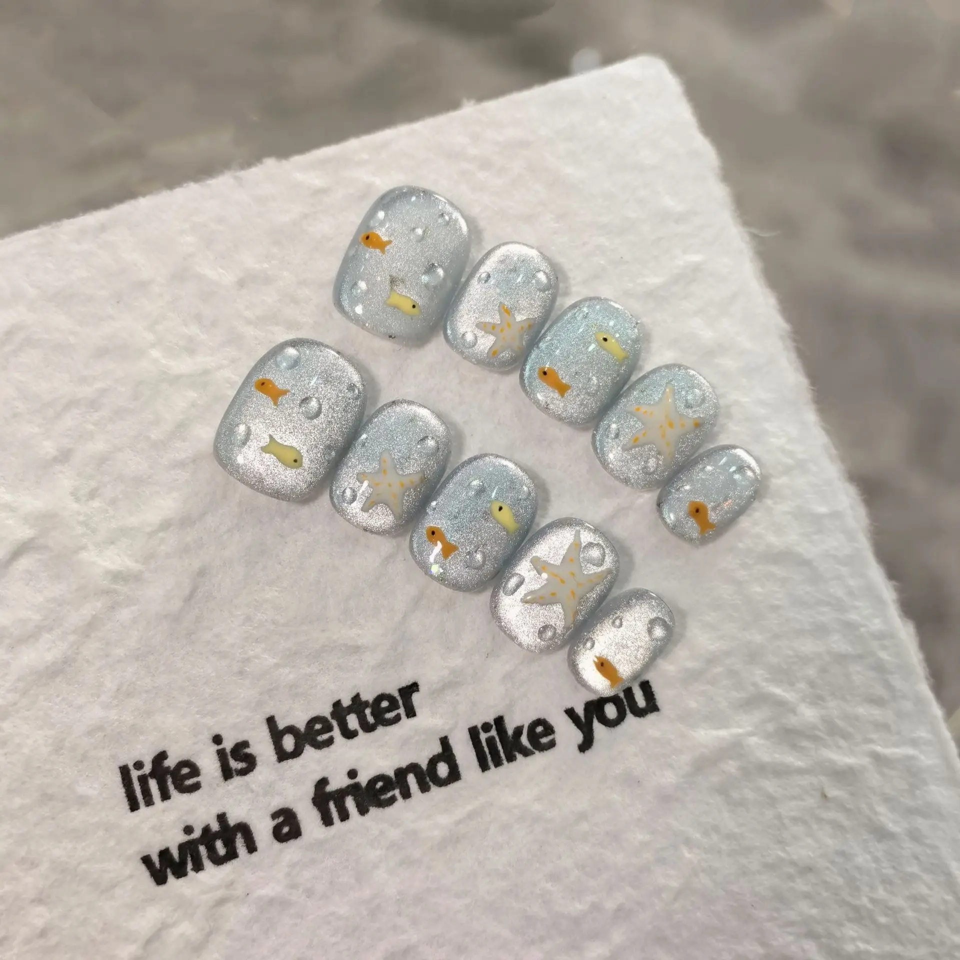 10pcs Handmade Press on Nails Blue Crystal Cat's Eye Cute Childlike Fish Bubble Fake Nail for Women&Girl Removable Wearable Nail