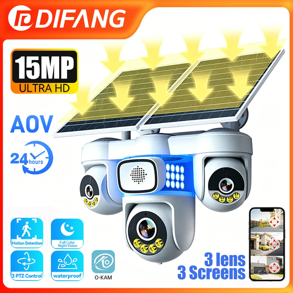 

4G SIM Solar Security Camera 15MP 6 Motors Built-in Battery AOV Wireless IP Cam 3 Lens 3 Screens 3 PTZ 360° Remote Rotation CCTV