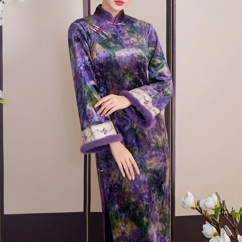 

Жаккардовый Цветок Ципао Толстый Осень Зима Chesongam Женское Роскошное Новое Китайское Платье Ципао С Расклешенными Рукавами Длинные Платья Костюм