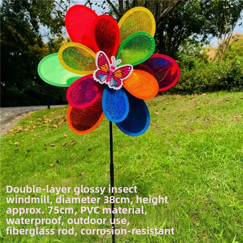Moinho de vento de lantejoulas tradicional multiestilos, insetos de desenho animado, borboleta, abelhas, libélulas, moinho de vento portátil, diâmetro 22/38cm