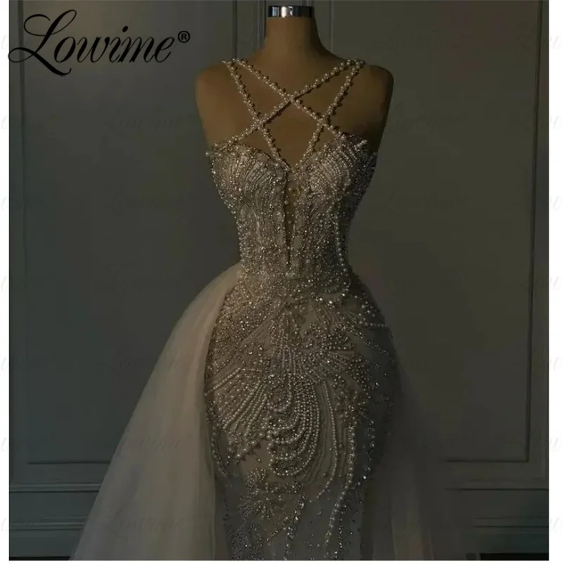 Lowime Ivory White Wedding Dresses With Skirt Strap Spaghetti Pearls Beaded Crystal Mermaid Bridal Gowns Customized Bride Dress