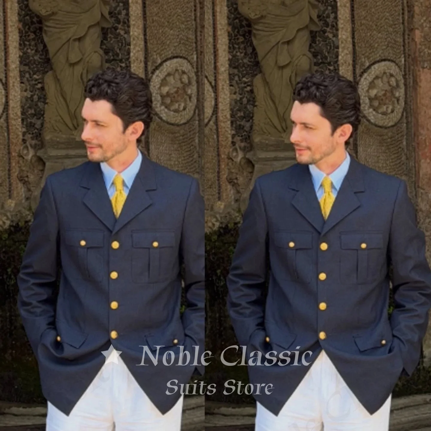 Navy Blue Safari Blazer Men Point Lapel Multi Flap Cargo Pocket Daily Office Outerwear Party Slim Fit Single Jacket Customized