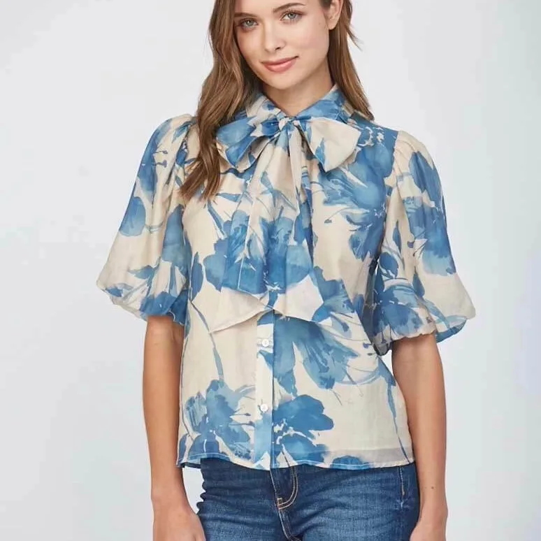 

European and American original women's shirt printed with ribbon bubble sleeves, summer short sleeved shirt, light luxury brand