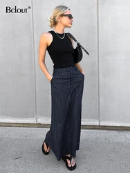 Bclout Elegant Striped Slit Gray Skirts Women 2024 Fashion Pockets Office Lady Stright Skirts Winter Slim Long Skirts Streetwear