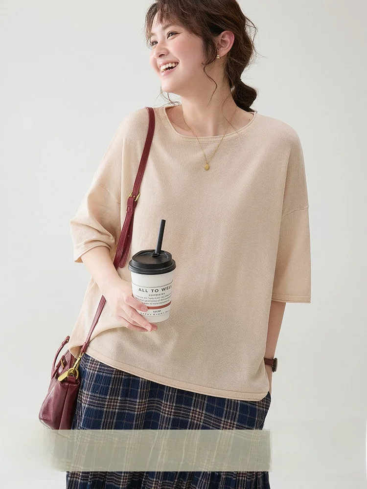 

AMUU Оригинальный однотонный льняной вязаный топ свободного кроя с круглым вырезом для женщин, летняя новинка, свободная посадка, рукав до локтя