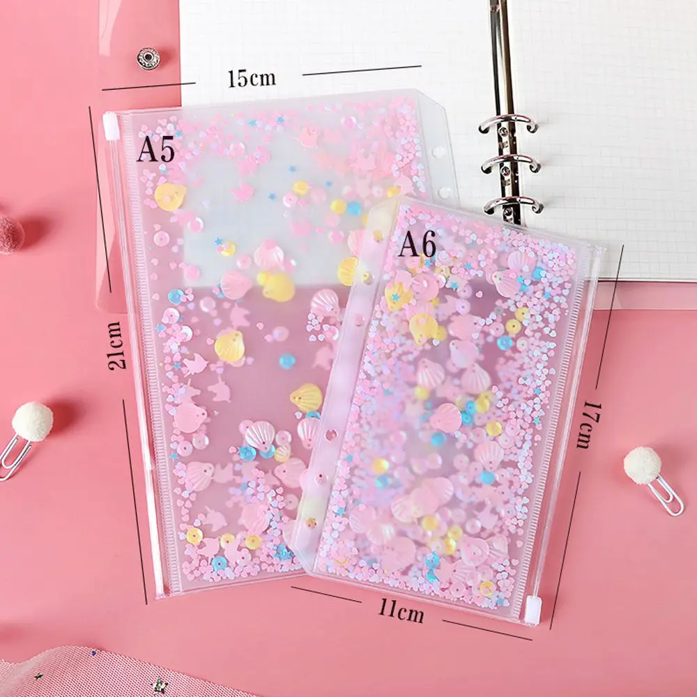 Tas Penyimpanan File Kantor PVC Glitter Sequin dengan Ritsleting, Kantong Penyimpanan Binder, Kantong Dalam, Tempat File A5/A6