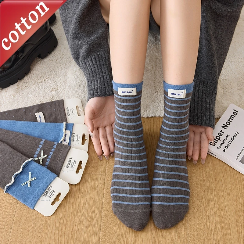 Damensocken im koreanischen Stil, schlicht, Kawaii, süß, gestreift, gepunktet, niedlicher Preppy-Stil, bequeme, hochwertige Baumwollsocken für Mädchen