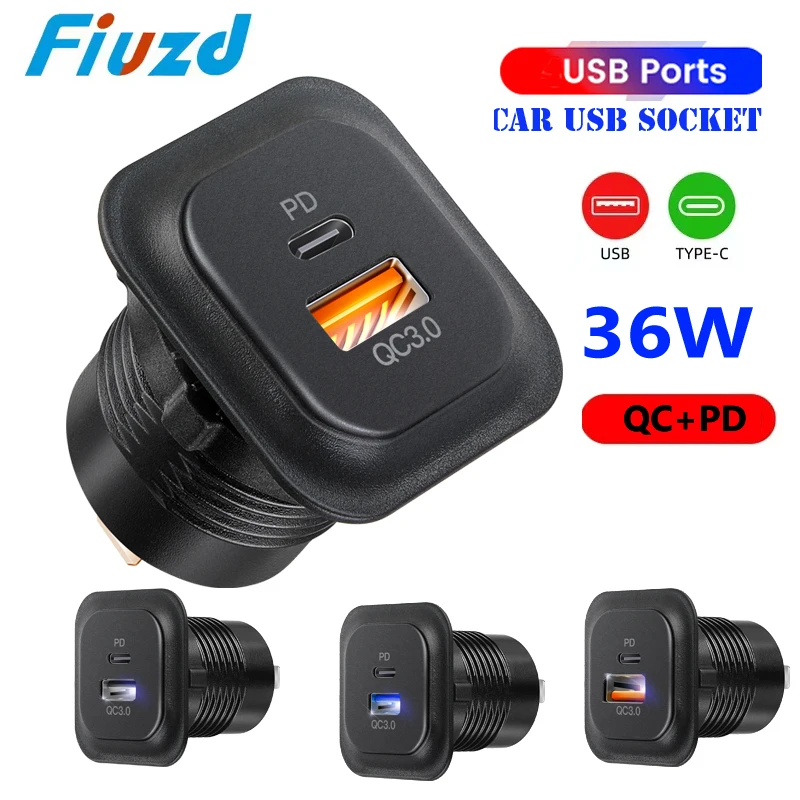12V/24V Car USB Charger Socket PD Type C + QC 3.0 Power Outlet with LED Dual Ports Fast Charging for Motorcycle ATV RV