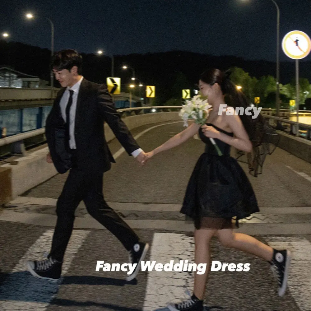 

Fancy Simple Black Korea Wedding Dress A Line Taffeta Evening Party Dresses Mini Short Back Corset Customized