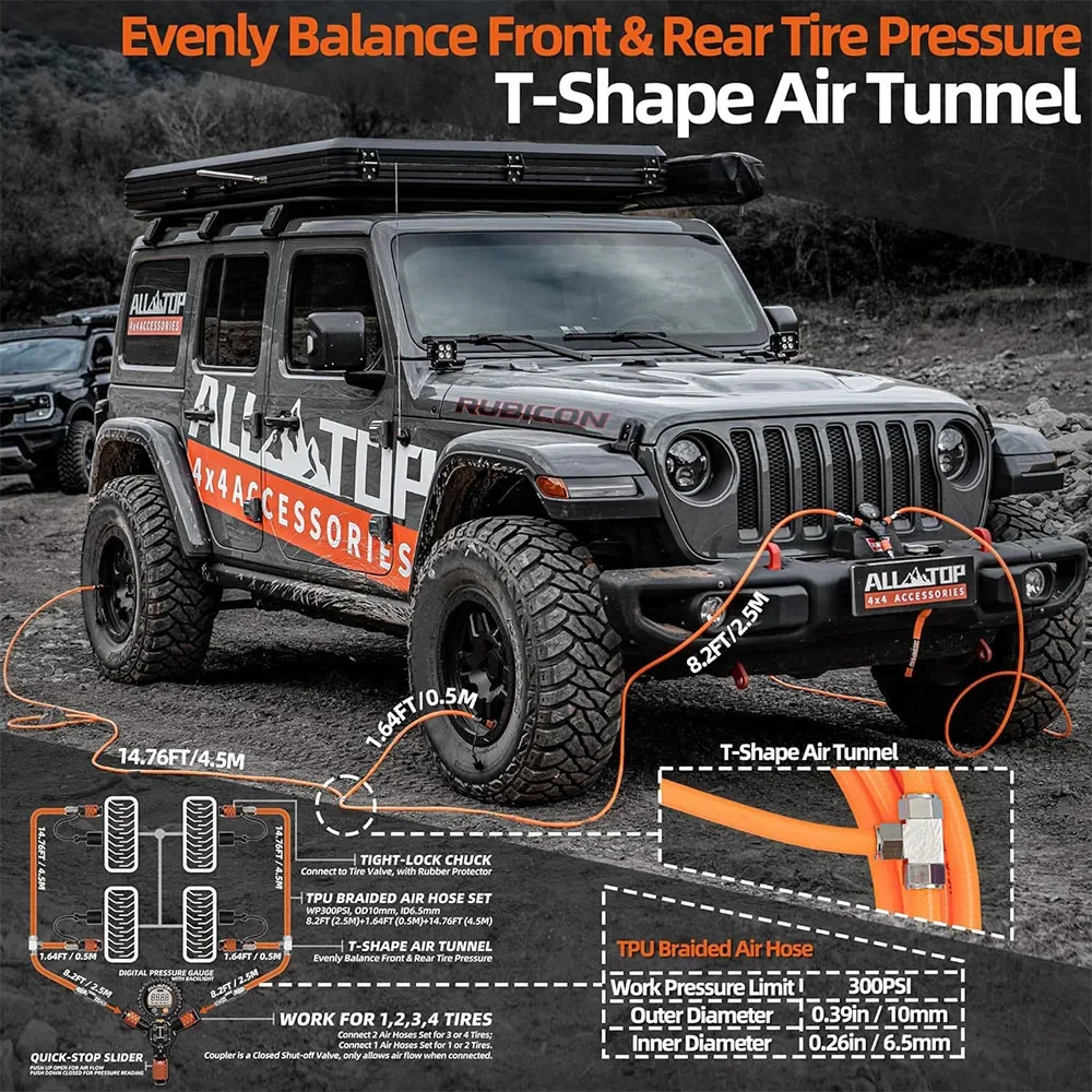 4 Tire Inflation Deflation System Rapid High-Flow Air Up Down Kit Digital Pressure Gauge Off-Road Vehicle Tire Air Control Kit