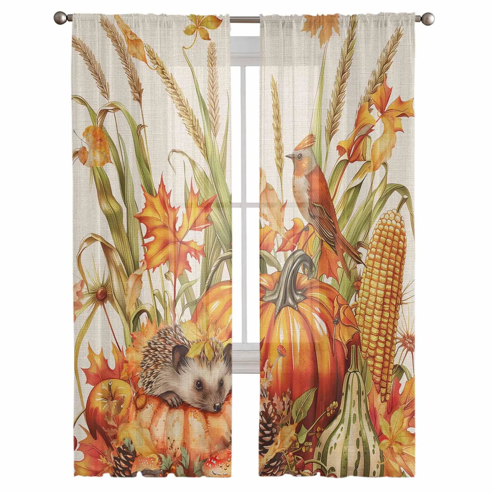 Autumn Pumpkin Wheat Ear Bird Hedgehog Tulle Curtains for Living Room Sheer Curtain for Bedroom Kitchen Blinds Voile Curtains