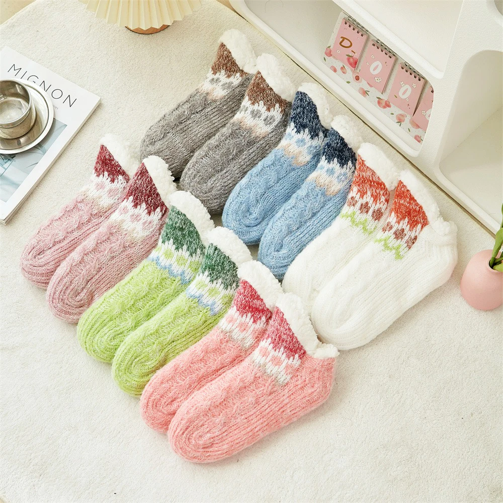 Fashion Plush Floor Socks Women Anti Slip Flower Thick Thermal Socks Ankle-High Hosiery Slippers Socks Indoor