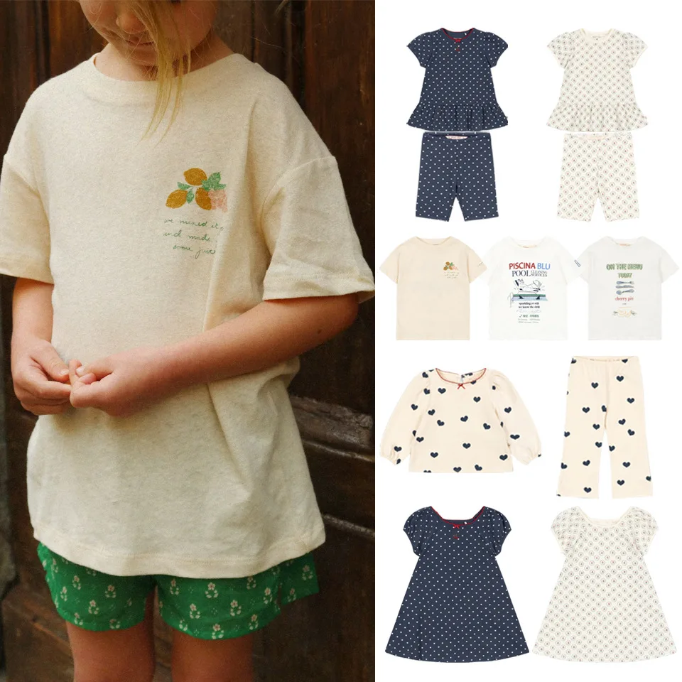 

2026 Summer KS Baby Boys Cotton T Shirts Shorts Homewear Kids Clothes Girls Cartoon Cherry Dresses T-shirts Cycling Shorts Sets