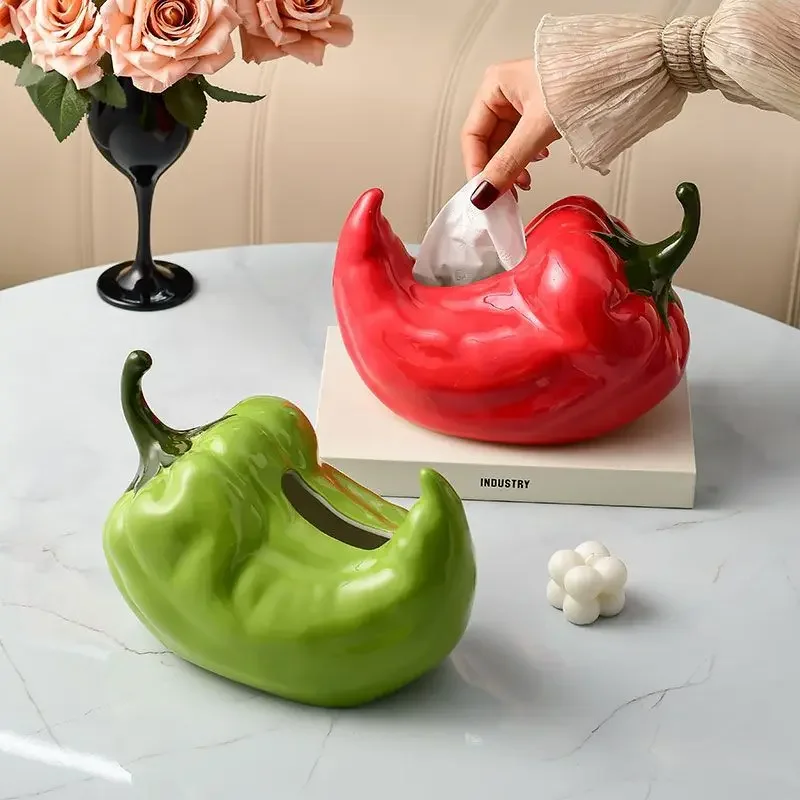 Creative Art Special-shaped Green Pepper Ceramic Tissue Box Living Room Dining Table Removable Tissue Box Abstract Green Pepper